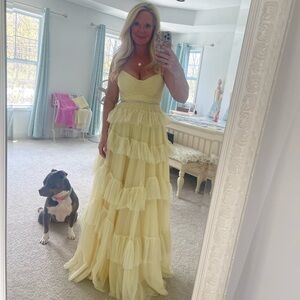 Gorgeous baby yellow Ruffled Tiered Strapless Gown 🎀💛